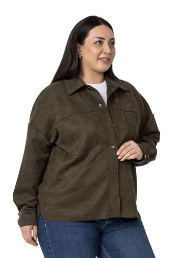 Büyük Beden Çıtçıt Kapamalı Torba Cepli Süet Haki Gömlek