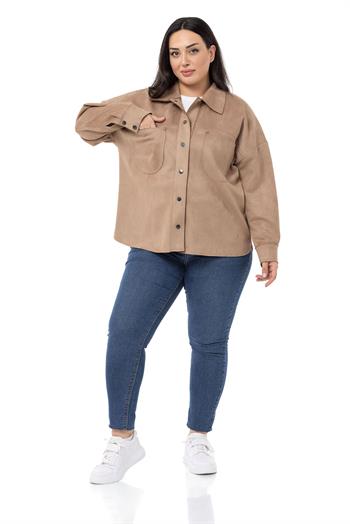 Büyük Beden Çıtçıt Kapamalı Torba Cepli Süet Vizon Gömlek