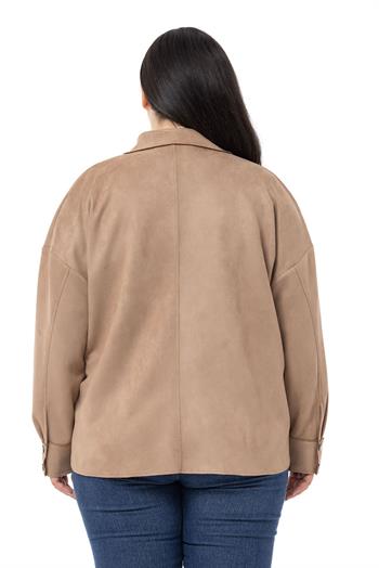 Büyük Beden Çıtçıt Kapamalı Torba Cepli Süet Vizon Gömlek