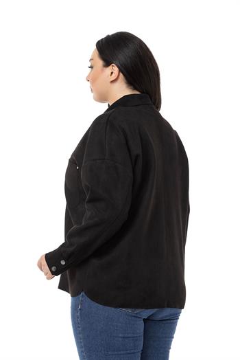Büyük Beden Çıtçıt Kapamalı Torba Cepli Süet Siyah Gömlek