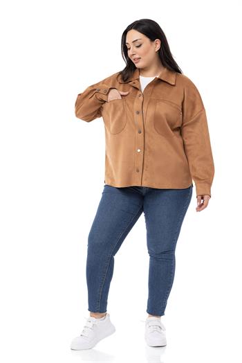 Büyük Beden Çıtçıt Kapamalı Torba Cepli Süet Tarçın Gömlek