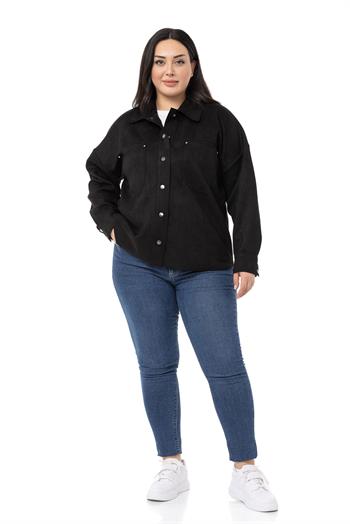 Büyük Beden Çıtçıt Kapamalı Torba Cepli Süet Siyah Gömlek