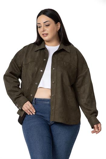 Büyük Beden Çıtçıt Kapamalı Torba Cepli Süet Haki Gömlek