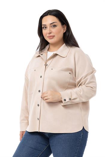 Büyük Beden Çıtçıt Kapamalı Torba Cepli Süet Bej Rengi Gömlek