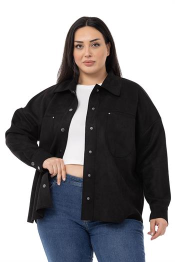 Büyük Beden Çıtçıt Kapamalı Torba Cepli Süet Siyah Gömlek