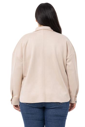 Büyük Beden Çıtçıt Kapamalı Torba Cepli Süet Bej Rengi Gömlek