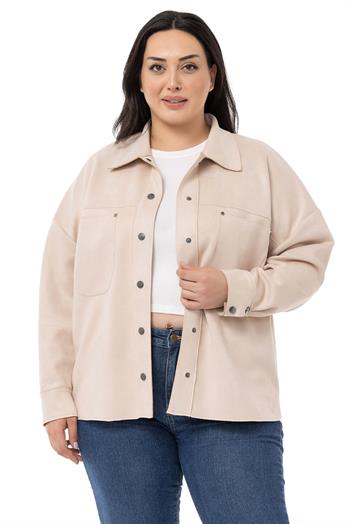Büyük Beden Çıtçıt Kapamalı Torba Cepli Süet Bej Rengi Gömlek