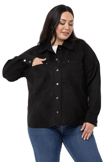 Büyük Beden Çıtçıt Kapamalı Torba Cepli Süet Siyah Gömlek