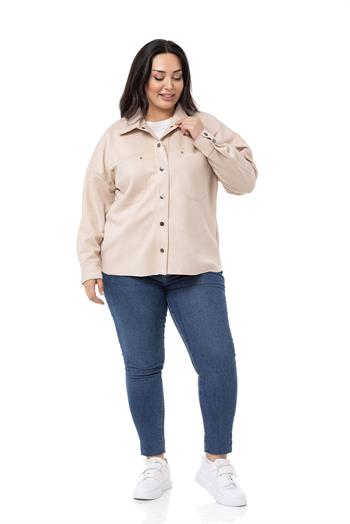 Büyük Beden Çıtçıt Kapamalı Torba Cepli Süet Bej Rengi Gömlek