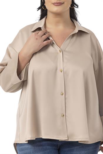 Büyük Beden Duble Katlamalı Truvakar Kollu Saten Koyu Bej Rengi Gömlek