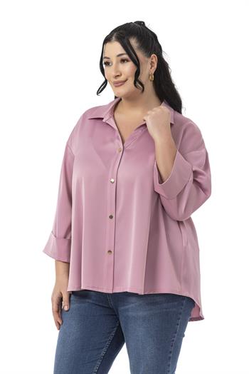 Büyük Beden Duble Katlamalı Truvakar Kollu Saten Gül Kurusu Gömlek