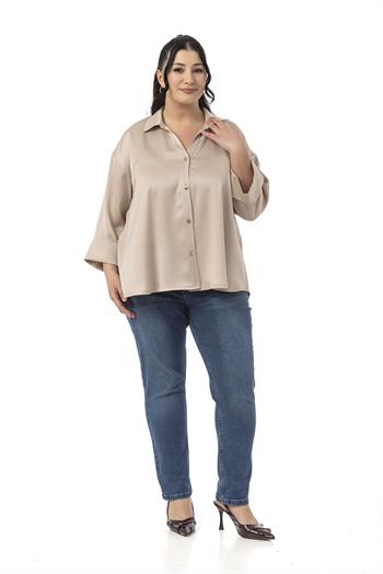 Büyük Beden Duble Katlamalı Truvakar Kollu Saten Koyu Bej Rengi Gömlek