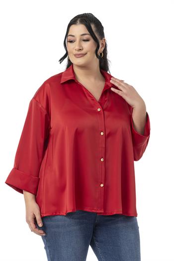 Büyük Beden Duble Katlamalı Truvakar Kollu Saten Kırmızı Gömlek