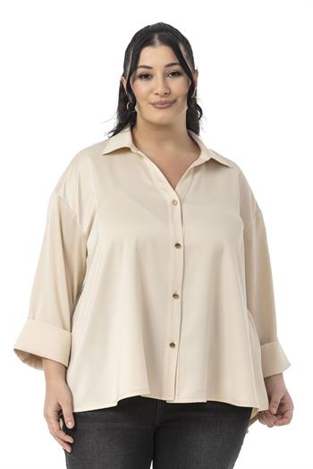 Büyük Beden Duble Katlamalı Truvakar Kollu Saten Bej Rengi Gömlek