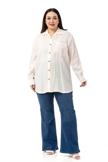 Büyük Beden Göğüste Tek Cepli Ekru Gömlek