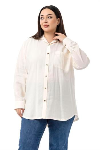 Büyük Beden Göğüste Tek Cepli Ekru Gömlek
