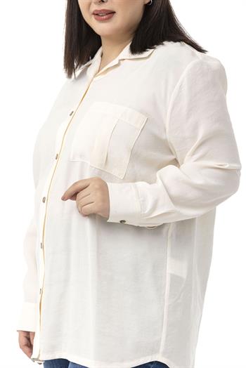 Büyük Beden Göğüste Tek Cepli Ekru Gömlek