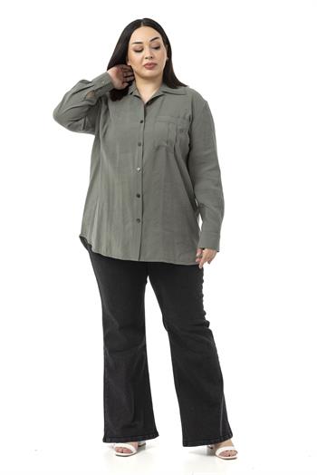 Büyük Beden Göğüste Tek Cepli Haki Gömlek