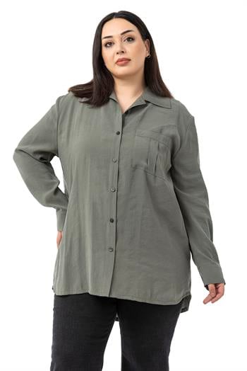 Büyük Beden Göğüste Tek Cepli Haki Gömlek