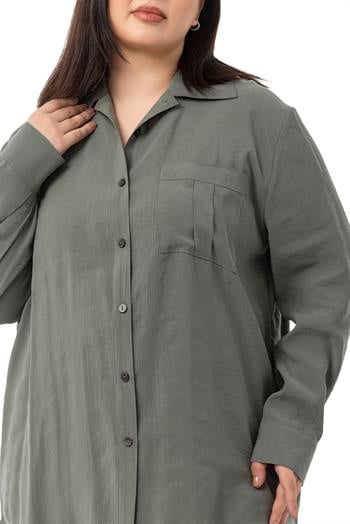 Büyük Beden Göğüste Tek Cepli Haki Gömlek