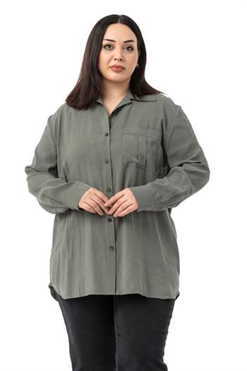 Büyük Beden Göğüste Tek Cepli Haki Gömlek