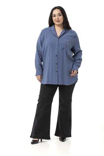 Büyük Beden Göğüste Tek Cepli İndigo Gömlek