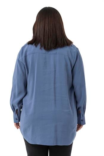 Büyük Beden Göğüste Tek Cepli İndigo Gömlek