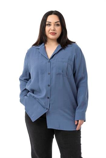 Büyük Beden Göğüste Tek Cepli İndigo Gömlek