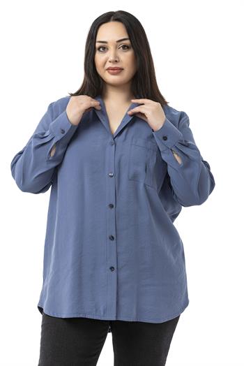Büyük Beden Göğüste Tek Cepli İndigo Gömlek