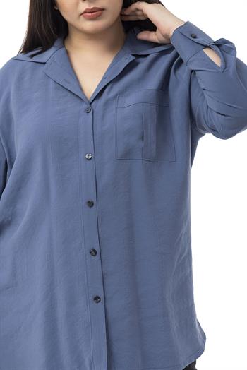 Büyük Beden Göğüste Tek Cepli İndigo Gömlek