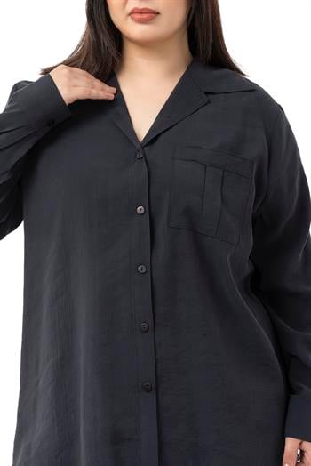 Büyük Beden Göğüste Tek Cepli Siyah Gömlek