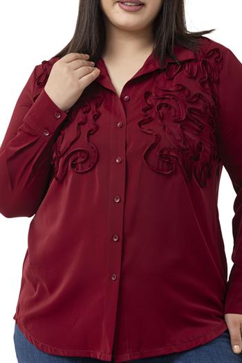 Büyük Beden Kabartmalı Kumaş Detaylı Bordo Gömlek