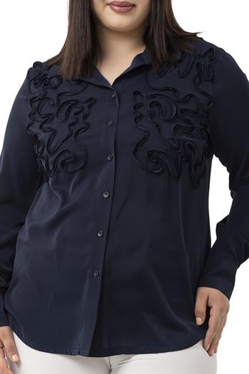 Büyük Beden Kabartmalı Kumaş Detaylı Lacivert Gömlek