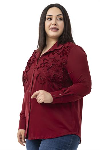 Büyük Beden Kabartmalı Kumaş Detaylı Bordo Gömlek