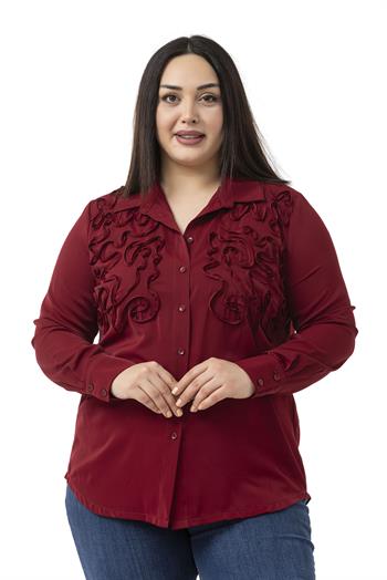 Büyük Beden Kabartmalı Kumaş Detaylı Bordo Gömlek