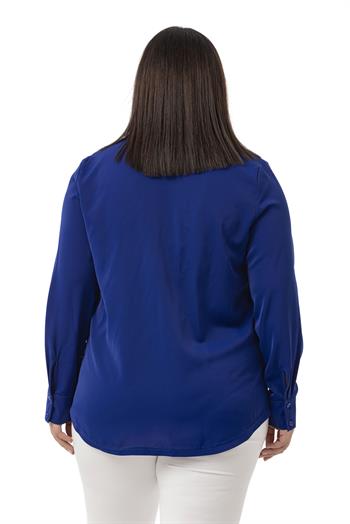 Büyük Beden Kabartmalı Kumaş Detaylı Saks Mavi Gömlek