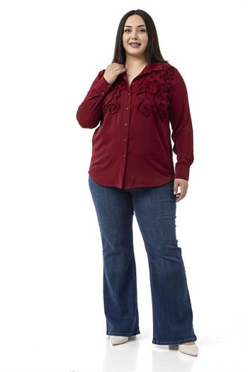 Büyük Beden Kabartmalı Kumaş Detaylı Bordo Gömlek