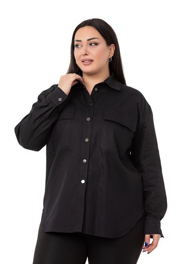 Büyük Beden Kapaklı Cepli Çıtçıtlı Gabardin Siyah Ceket Gömlek