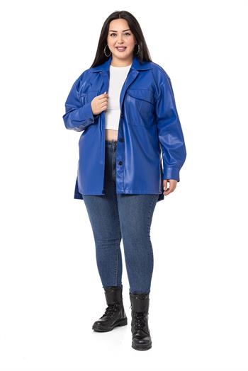 Büyük Beden Kapaklı Cepli Yanları Yırtmaçlı Deri Saks Mavi Gömlek