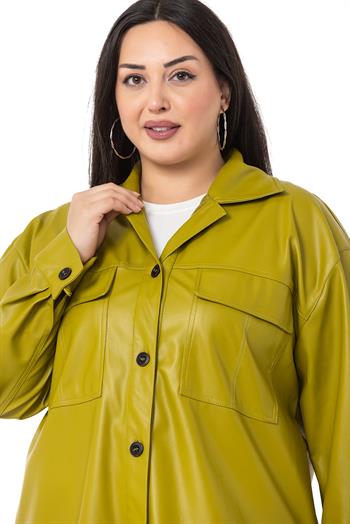 Büyük Beden Kapaklı Cepli Yanları Yırtmaçlı Deri Fıstık Yeşili Gömlek