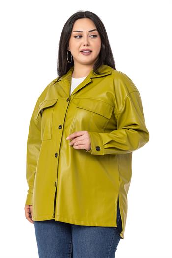 Büyük Beden Kapaklı Cepli Yanları Yırtmaçlı Deri Fıstık Yeşili Gömlek