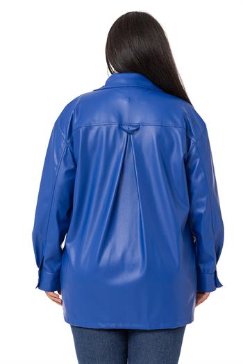 Büyük Beden Kapaklı Cepli Yanları Yırtmaçlı Deri Saks Mavi Gömlek