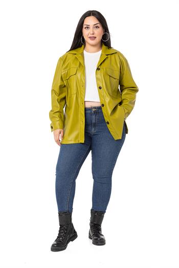 Büyük Beden Kapaklı Cepli Yanları Yırtmaçlı Deri Fıstık Yeşili Gömlek