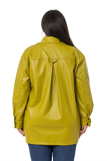 Büyük Beden Kapaklı Cepli Yanları Yırtmaçlı Deri Fıstık Yeşili Gömlek