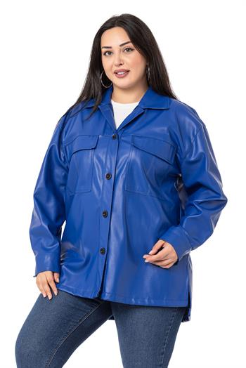 Büyük Beden Kapaklı Cepli Yanları Yırtmaçlı Deri Saks Mavi Gömlek