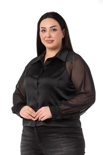 Büyük Beden Kolu Tül Garnili Manşetli Saten Siyah Gömlek