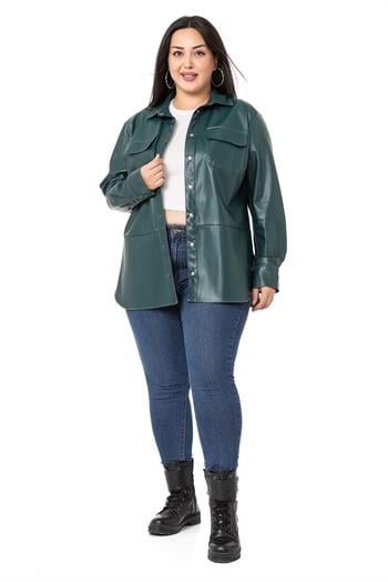 Büyük Beden Kontrast Dikişli Çıtçıt Kapamalı Deri Haki Gömlek