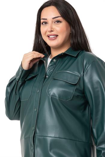 Büyük Beden Kontrast Dikişli Çıtçıt Kapamalı Deri Haki Gömlek