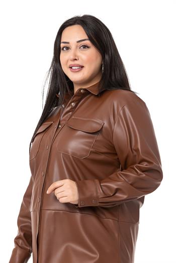 Büyük Beden Kontrast Dikişli Çıtçıt Kapamalı Deri Kahverengi Gömlek