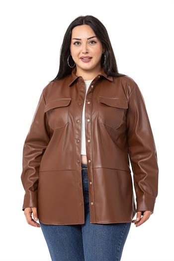 Büyük Beden Kontrast Dikişli Çıtçıt Kapamalı Deri Kahverengi Gömlek